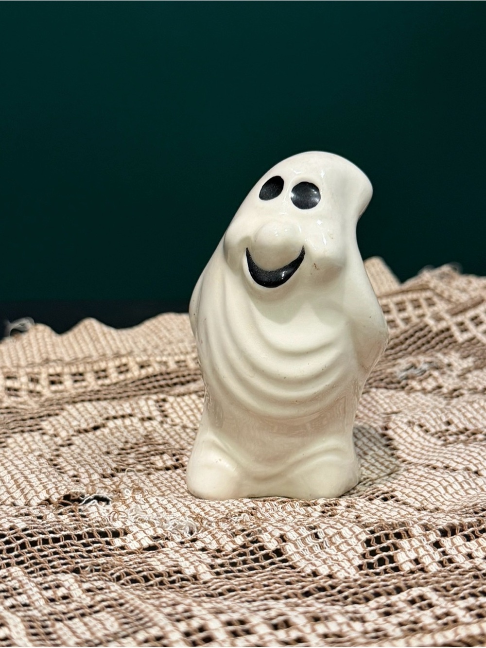 Vintage Ceramic Ghost Figurine Smiling Halloween Decor Cute Spooky Shelf Sitter